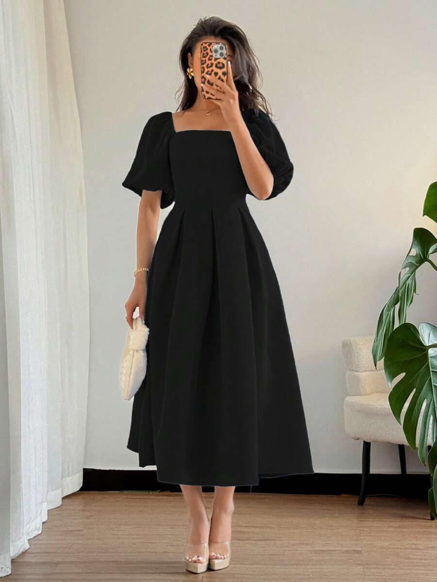 Elenzga Đầm suông tay ngắn dáng chữ A rộng rãi, đơn giản, thanh lịch, giản dị, đi làm, công sở, nghỉ mát, tiệc trà chiều, màu trơn, viền bèo nhún, thời trang xuân/hè - màu đen - Xem 1