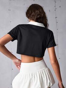 Streetz SHEIN Sport 夏季休闲户外跑步健身短款运动 Polo 衫 - 黑色 - 查看 2