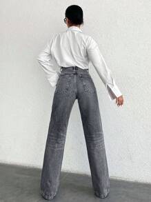SHEIN Tall 100%纯棉高腰直筒牛仔裤 - 淺灰色 - 查看 2