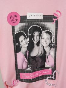 FRIENDS X SHEIN Elena Ilustra Camiseta casual de mujer de verano con estampado de letra y figura, de hombro caído