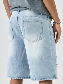 Manfinity EMRG 男士褪色简约休闲牛仔短裤 - 淺色水洗藍 - 查看 7