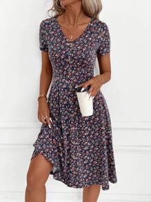 SHEIN Clasi Women's Casual Knitted Midi Dress With Flared Hem And V Neckline For Everyday Style