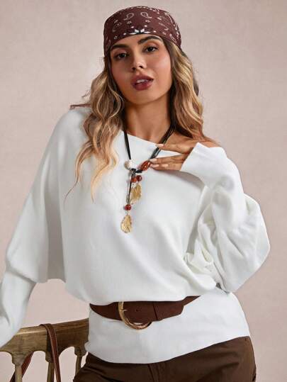 SHEIN LUNE Plus Size Batwing Sleeve Plain Knit Sweater, Casual For Autumn & Winter