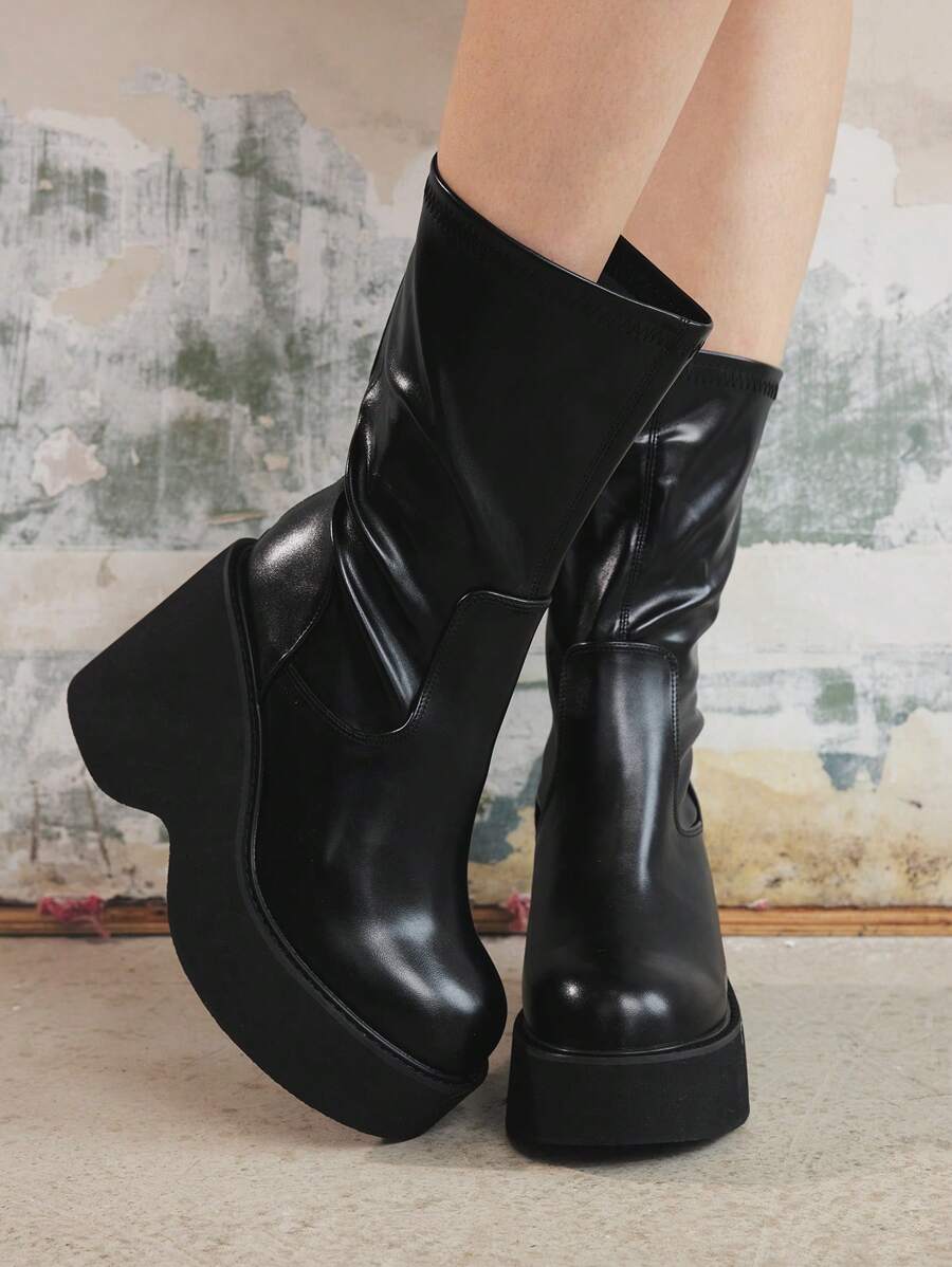 Sugerpunk Women's Thick Sole Chunky Heel Matte Black Punk Style Mid-Calf Boots, Gothic Fashion, Minimalist Design, Comfort, Elegant Round Toe, Back Zipper, Slip-On Combat Rider Boots - Black - View 1