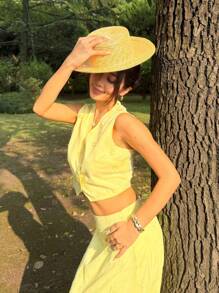 Sunnyshic Women V-Neck Embroidery Sleeveless Single Breasted Vest + Long Skirt, Summer Set - Yellow - View 7