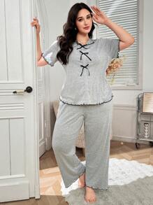 SHEIN Bộ đồ ngủ vải lụa sữa siêu mềm mại, tối giản, thắt nơ, thân thiện với da, cỡ lớn, trang phục - Màu Xám nhạt - Xem 6