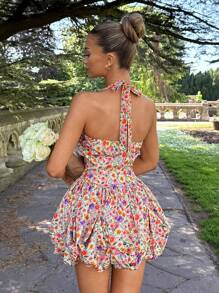 Glamine Vestido mini de patinadora con estampado floral y cuello envolvente, vestido línea A romántico, vestidos de verano para mujer, atuendos de vacaciones para mujer, vestidos elegantes para fiesta, vestidos de sol para mujer