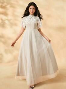 Elegant And White Flowing Mesh Dress With Delicate Lace Decoration For Teen Girl Suitable For Party, Formal Occasion, Outdoor - Apricot - View 5