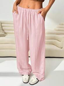 SHEIN EZwear Plus Size Women Light Pink Woven Loose Fit Pants, Business Casual Woman, Back To School Valentine's Day - Baby Pink - View 3