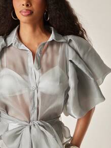 Vixey 泡泡袖纽扣透视上衣（配腰带），商务休闲，波西米亚风，春季，可爱夏季上衣 - 灰色 - 查看 5