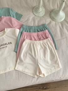 SHEIN Conjunto de 6 peças para bebê menina verão casual malha letras gráficas camiseta manga curta e shorts com cintura elástica - Multicolorido - Ver 3