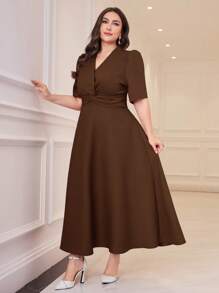 Modelyn Women Plus Size Casual Solid Color Waisted Short Sleeve Dress - Coffee Brown - View 8
