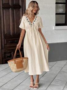 Easowa Sukienka damska z haftem kwiatowym, dekoltem w serek, swobodna, krótka, sięgająca do połowy łydki