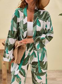 EURMUSE Tropical Print Vsicose Two Pieces, Cotton Breathable Fabric, Large Botanical Leaf Pattern, Monstera/Palm Leaf Design, Lightweight Summer Fabric, Long Sleeve Style, Relaxed Fit Silhouette, Natural Earth Tones, Resort Wear Aesthetic, Contemporary Tropical Print, Perfect Vacation Or Summer Wardrobe Piece