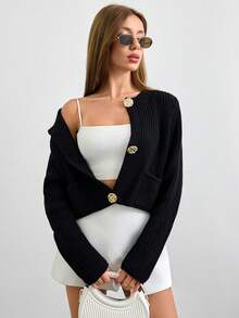 EURMUSE E Crew Neck Front Button Up Casual Long Sleeve Cardigan,Tall In Women,Cardigans,Petite,Tall - Black - View 4