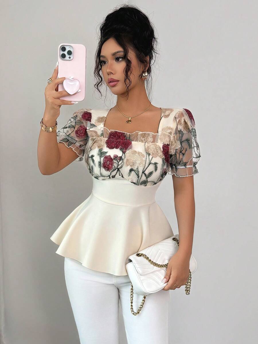 Flora Isola Flora Isola Blusa de manga abullonada con cintura ceñida, cuello cuadrado elegante, bordado de flor de girasol en malla 3D, estilo corte, adecuado para citas, mini falda a línea de alta gama y exquisita para mujer, primavera/verano - Albaricoque - Ver 1