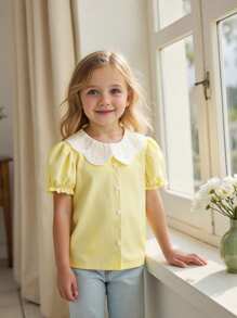 Souflis Souflis 女孩荷叶边领泡泡袖圆领休闲可爱白衬衫开衫，百搭日常穿着 - 黃色 - 查看 1