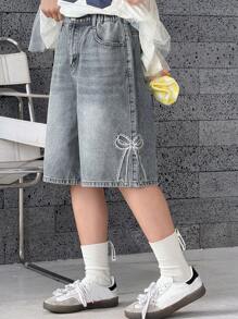 DAZY 夏季女童休闲水洗牛仔短裤，蝴蝶刺绣装饰 - 藍色 - 查看 7