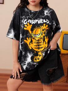 GARFIELD | SHEIN 大码字母和卡通图案圆领短袖T恤 - 黑色 - 查看 7