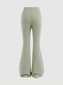 青少年女孩夏季纯色橄榄绿色休闲不对称下摆抽绳细节抹胸和喇叭裤 - 綠色 - 查看 8