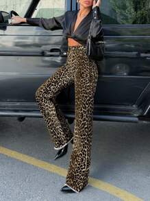 EURMUSE Women Casual High Waist Straight Leopard Print Jeans