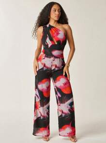 Vixey Black Floral Summer Tropical Jumpsuit For Women,One Shoulder Cut Out Ruching Detail Wide Leg Chiffon Jumpsuits,Vacation Holiday Wedding Guest Dress - Black - View 4