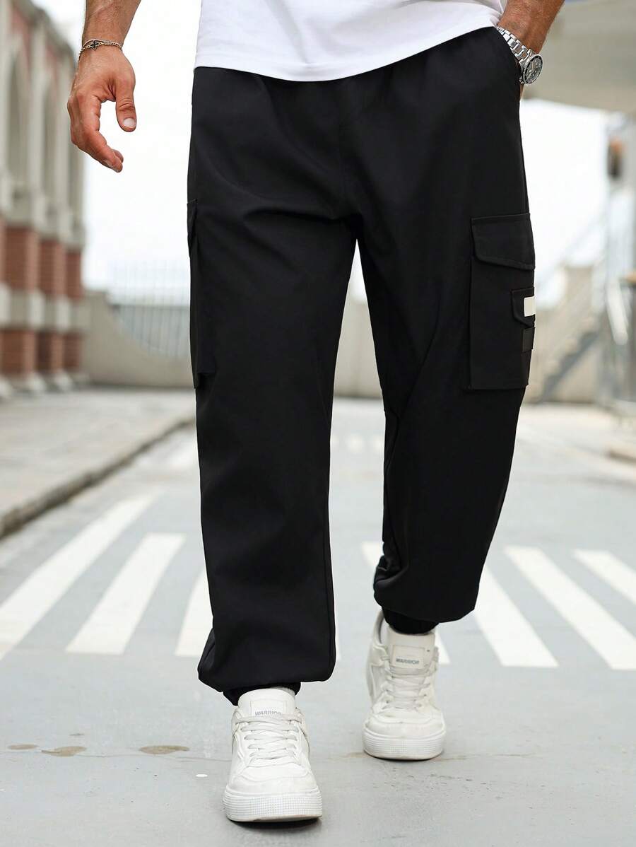 Manfinity Homme 大码男士休闲纯色工装裤 - 黑色 - 查看 1
