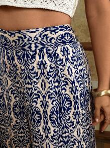 Travachic Quần ống rộng cạp cao in hoa cỡ lớn cho nữ, thích hợp cho kỳ nghỉ - Xanh và trắng - Xem 6