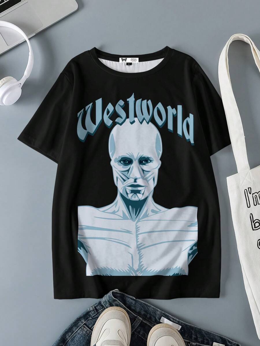 WESTWORLD X SHEIN 女式字母和图形圆领短袖T恤 - 白色 - 查看 1