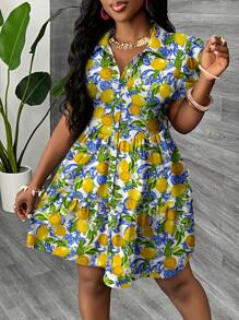 Slaydiva Váy ngắn ngày lễ tối giản giản dị dành cho nữ phù hợp cho mùa hè, tay bồng, hở phía trước, chân váy xếp nếp 3 tầng, phù hợp cho kỳ nghỉ, bãi biển, họa tiết hoa chanh và Hawaii - Nhiều màu - Xem 3
