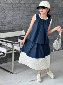 DAZY 2件套女童圆领背心和裙子套装，夏季 - 藏蓝色 - 查看 6