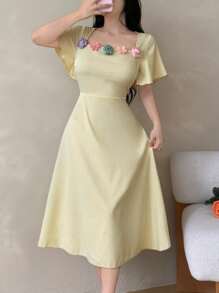 Modelyn Women's Jacquard Mid-Length Dress With Rose Decor, Pale Yellow, Summer - Yellow - View 6