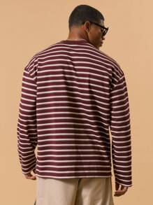 Musero Relaxed Fit Crew Neck Graphic Slogan Print Striped Long Sleeved Top Spring&Summer - Burgundy - View 4