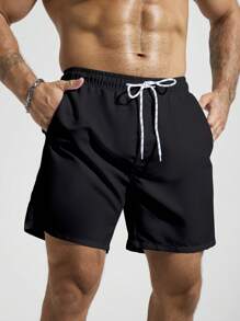 Surfspeed Men's Solid Color Pocket Drawstring Waist Beach Shorts, Suitable For Summer Swimming Shorts For Men - Black - View 4
