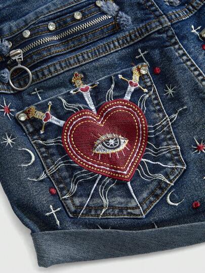 Fairycore Gothic Victorian Style Women Denim Shorts With Heart, Crystal Teardrop, Stud And Star Embroidery Decoration