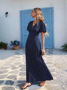 SHEIN VCAY Plus Size Holiday Casual Polka Dot Print Dress,Maxi Dress Polka Dot Maxi Dress Maxi Dress For Vacation Summer Maxi Dress Maternity Maxi Dress Polka Dot Dress,Wedding Guest Dress Women - Navy Blue - View 4