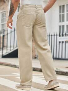 Mainfolk Men's Long Khaki Denim Streetwear Pants Zippered Paint Splatter Detail Avant-Garde Hip-Hop Style - Khaki - View 5