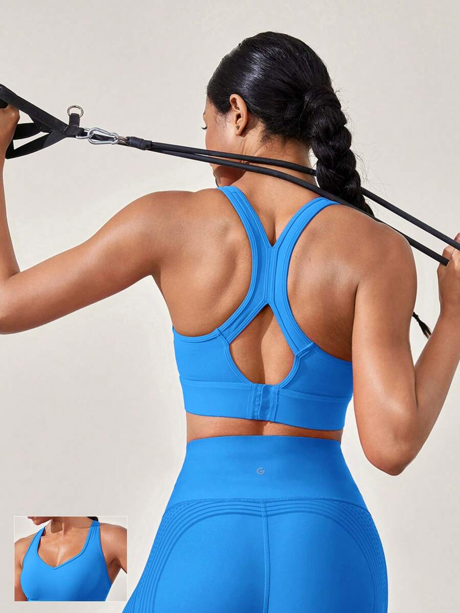 FeatherFit™-Sculpt V Neck Racerback Sports Bra Tank Top Medium Support Workout Gym  Spring Summer - Blue Power - View 1