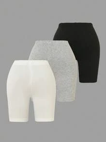 Sparklyn Bộ 3 quần legging dệt kim ngắn màu trơn thường ngày cho bé gái mới biết đi, mùa xuân/hè - Nhiều màu - Xem 2