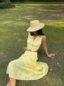 Sunnyshic Women V-Neck Embroidery Sleeveless Single Breasted Vest + Long Skirt, Summer Set - Yellow - View 6