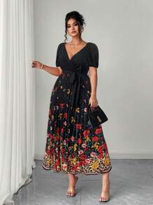 Elenzga Große Größen Sommer Elegant Blumen Muster V-Ausschnitt geraffte Taille ausgestelltes Maxikleid - Verschiedenfarbig - Übersicht 3