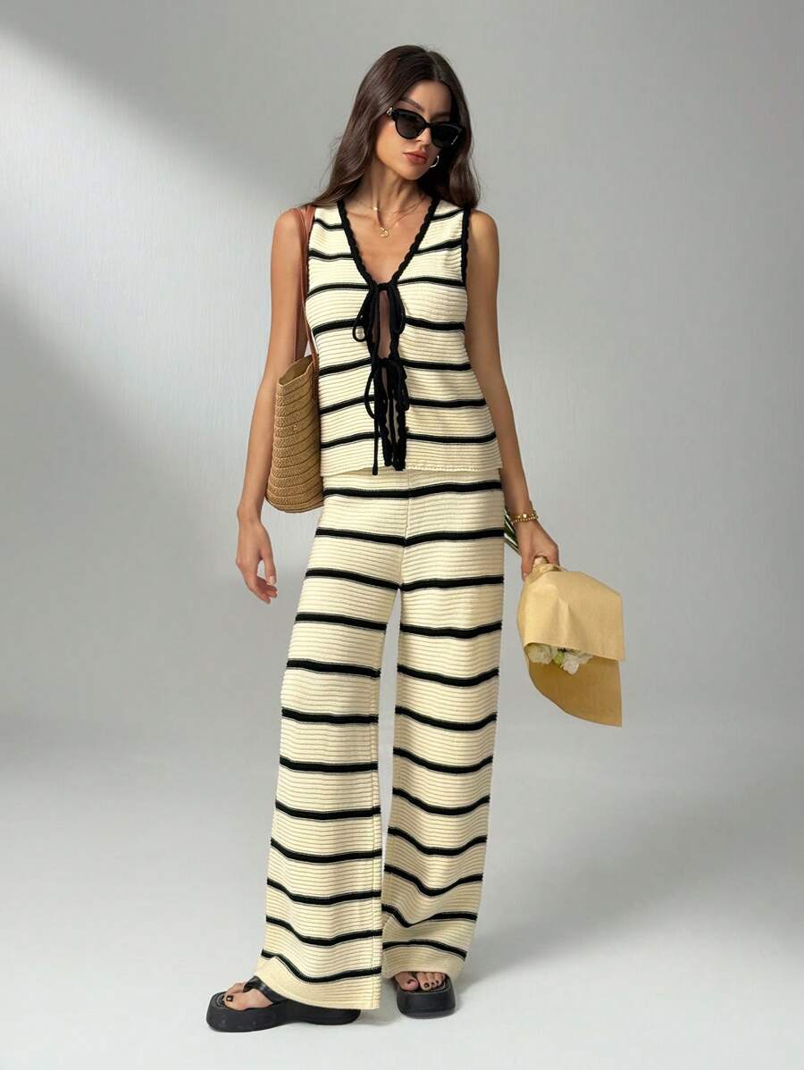 SHEIN Tall 黑白条纹女毛衣两件套系带背心+毛线裤两件套，居家通勤百搭 - 黑與白 - 查看 1