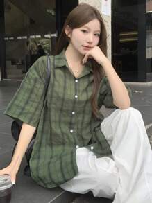 DAZY 女士翻领格子宽松短袖绿色街头风衬衫，法兰绒复活节 - 綠色 - 查看 7