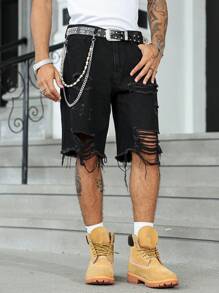 Manfinity EMRG 男士夏季休闲纯色破洞牛仔短裤 - 黑色 - 查看 4