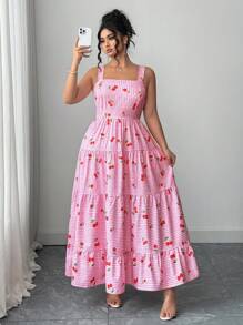 Elenzga 大码休闲度假甜美格子樱桃图案吊带背心连衣裙