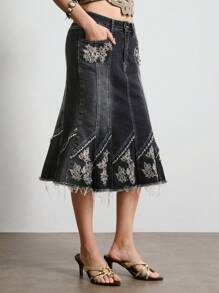 ROMWE Hippie Boho Style Floral Embroidered Ruffled Lace Trim Denim Mermaid Skirt For Women - Blue - View 6