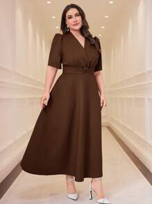 Modelyn Women Plus Size Casual Solid Color Waisted Short Sleeve Dress - Coffee Brown - View 5