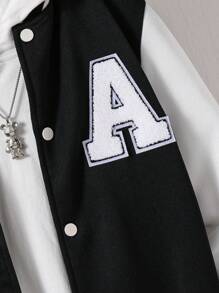 SHEIN 青少年男孩运动彩色块字母印花校队夹克，适合通勤、上学、休闲外出、运动、秋冬 - 黑色 - 查看 5