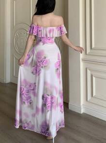 Modelyn Women's Sheer Floral Print One Shoulder Ruffle Hem Flowy Dress For Summer - Purple - View 2