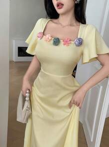 Modelyn Women's Jacquard Mid-Length Dress With Rose Decor, Pale Yellow, Summer - Yellow - View 8